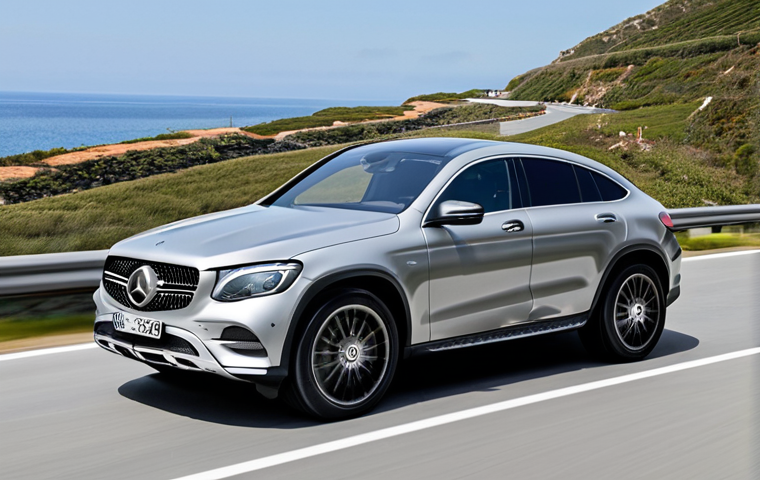 **

"Exterior of the new Mercedes-Benz GLC Coupé, showcasing its elegant and dynamic design, fluid lines, and sporty profile. Focus on the headlights with jewel-like internal design, prominent Mercedes logo on the front grill, and the sloping roofline.  Setting: A scenic coastal road in Portugal, sunny day.  fully clothed, safe for work, appropriate content, perfect anatomy, correct proportions, professional car photography, high quality"

**