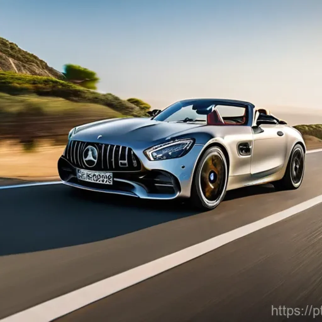 벤츠 AMG GT 로드스터의 스포츠 성능 - **Dynamic Coastal Drive:** A low-angle, dynamic shot of a metallic silver Mercedes-AMG GT Roadster, ...