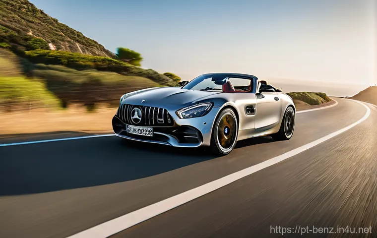 벤츠 AMG GT 로드스터의 스포츠 성능 - **Dynamic Coastal Drive:** A low-angle, dynamic shot of a metallic silver Mercedes-AMG GT Roadster, ...