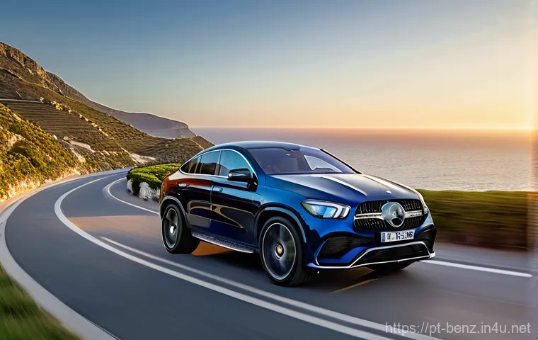 벤츠 GLE 쿠페의 최신 옵션 - **Dynamic Coastal Drive at Sunset**
    A sleek, dark blue Mercedes-Benz GLE Coupé, with its newly r...