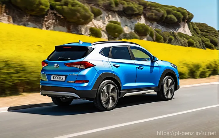 벤츠 GLC와 현대 투싼 비교 - **Prompt:** A luxurious Mercedes-Benz GLC, in a sleek metallic gray, is gracefully parked along Lisb...