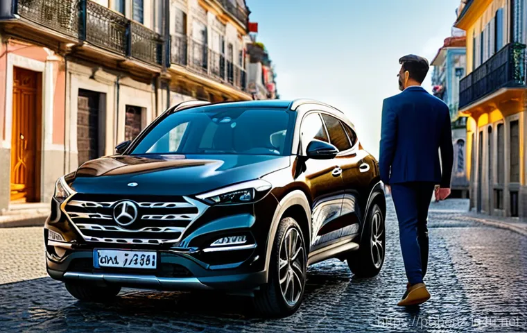 벤츠 GLC와 현대 투싼 비교 - **Prompt:** An energetic Hyundai Tucson, in a vibrant metallic blue, is positioned on a scenic coast...