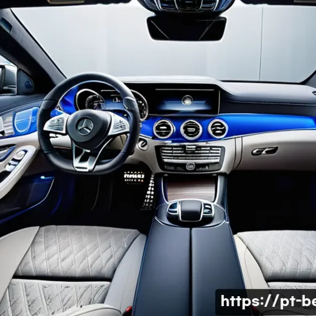 벤츠 CLS의 실내 공간 분석 - Interior view of a luxurious Mercedes-Benz CLS cabin showcasing soft Nappa leather seats with perfor...