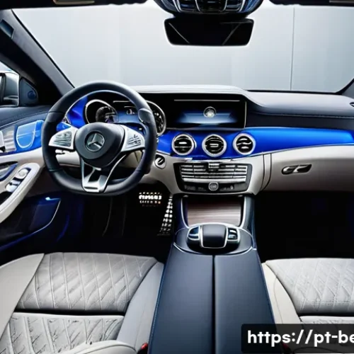 벤츠 CLS의 실내 공간 분석 - Interior view of a luxurious Mercedes-Benz CLS cabin showcasing soft Nappa leather seats with perfor...
