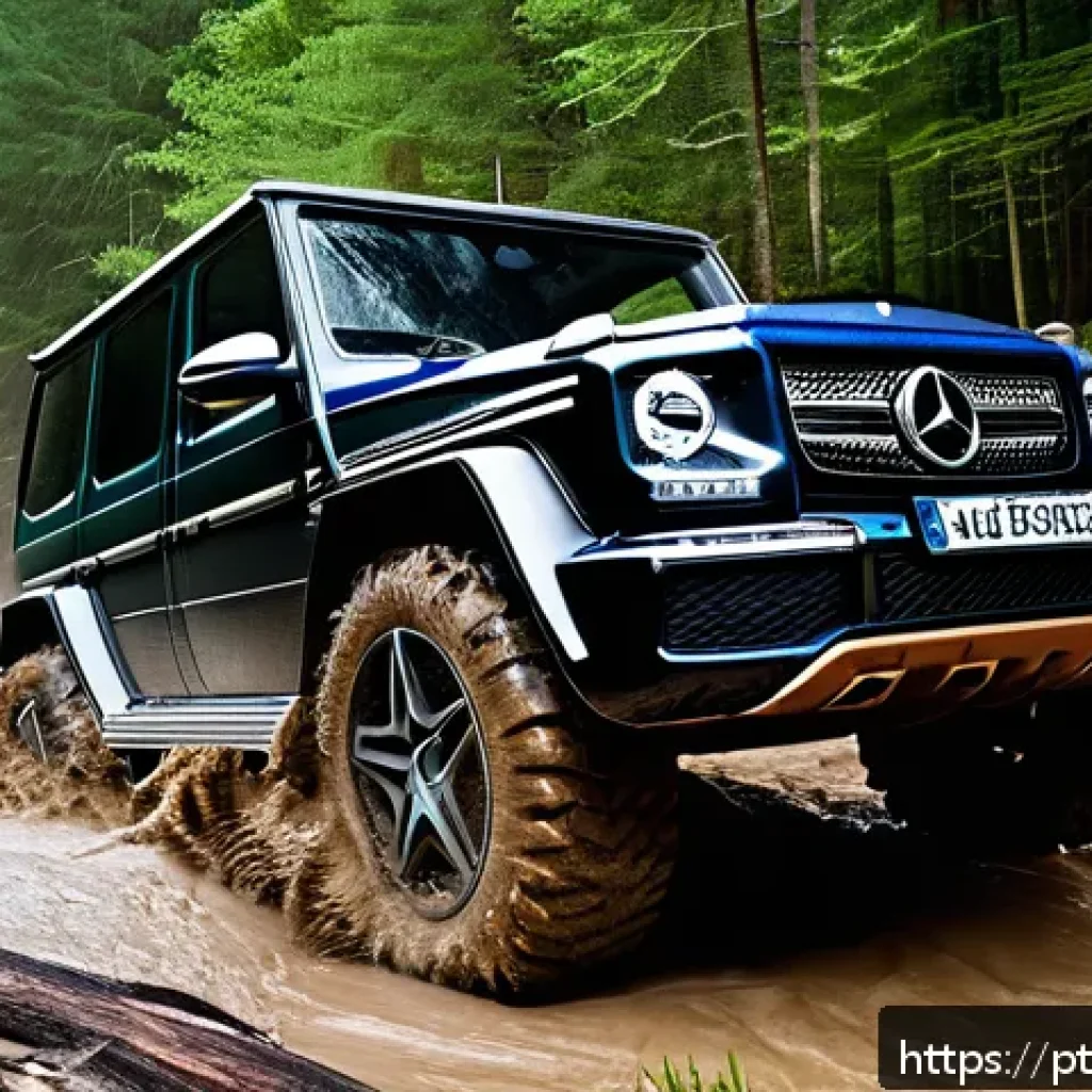 벤츠 G클래스 오프로드 성능 분석 - A rugged Mercedes-Benz G-Class SUV conquering a muddy and rocky off-road trail, showcasing its advan...