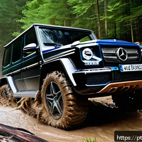 벤츠 G클래스 오프로드 성능 분석 - A rugged Mercedes-Benz G-Class SUV conquering a muddy and rocky off-road trail, showcasing its advan...