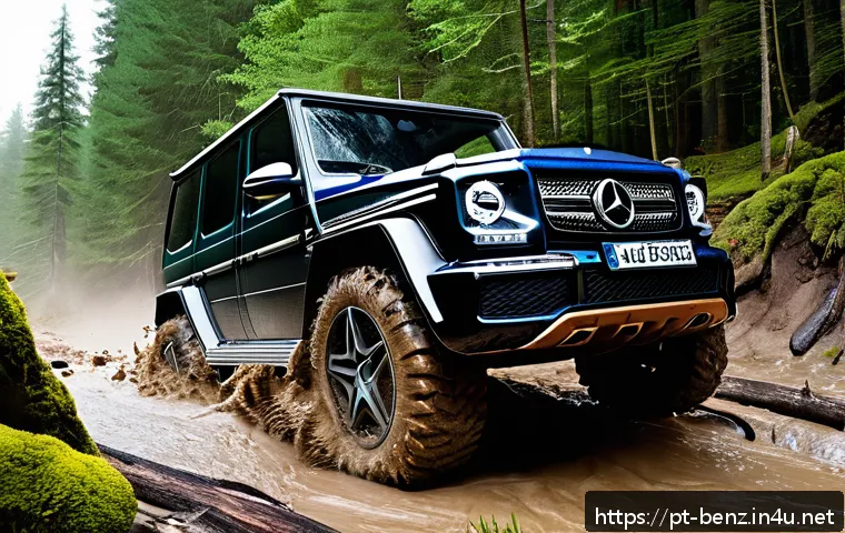 벤츠 G클래스 오프로드 성능 분석 - A rugged Mercedes-Benz G-Class SUV conquering a muddy and rocky off-road trail, showcasing its advan...