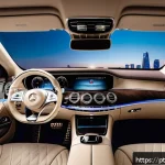 벤츠 S클래스의 자율주행 기술 - A luxurious Mercedes-Benz S-Class interior scene showcasing the digital control panel with multiple ...