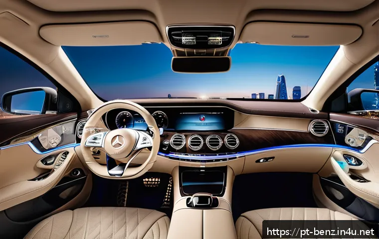 벤츠 S클래스의 자율주행 기술 - A luxurious Mercedes-Benz S-Class interior scene showcasing the digital control panel with multiple ...