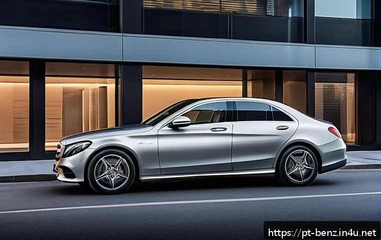 벤츠 C클래스 하이브리드 출시 소식 - A sleek Mercedes-Benz C-Class Hybrid parked on a modern city street at dusk, showcasing its elegant ...