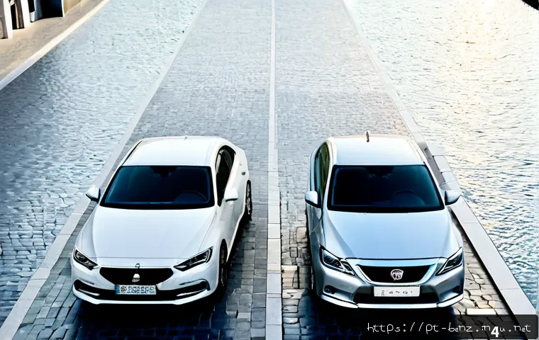 Home 17 벤츠 C클래스와 렉서스 IS 비교 - Photorealistic side-by-side comparison of two unbranded premium compact sedans, one elegant silver E...