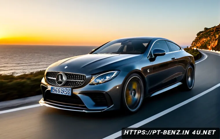 Home 17 벤츠 AMG GT 4도어 쿠페의 퍼포먼스 - Photorealistic high-performance four-door luxury sports coupe accelerating through a sweeping coasta...